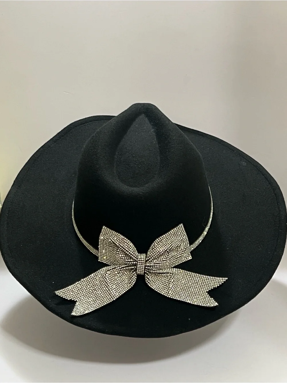 Black Wide Brim Fedora Hat Rhinestone Bow Statement Western Glam